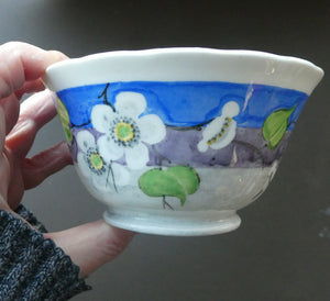 1920s Mak Merry Hand-Painted Open Bowl. Blue Background with Prunus Flowers