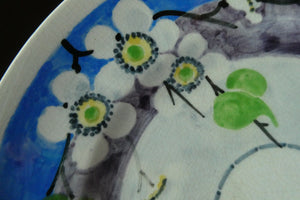 SCOTTISH POTTERY. 1920s Mak Merry Hand-Painted Dessert Plate. Blue Background with Prunus Flowers. 8 inches