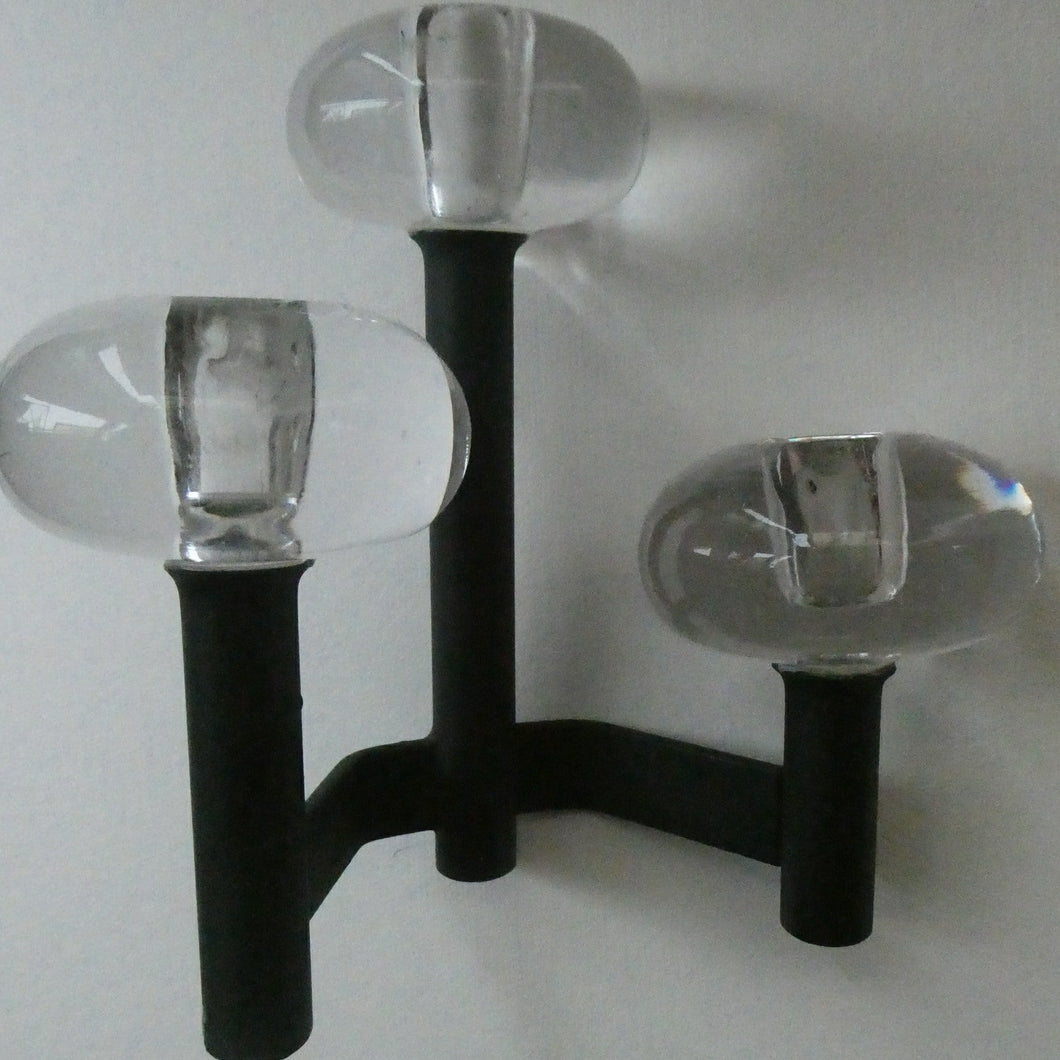 Vintage Single 1970s Candlestick with Metal Body Section and Three Oval Crystal Holders