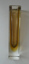 Load image into Gallery viewer, Vintage 1950s Tall Italian SOMMERSO Block Vase. Tall Square Shape with Yellow, Brown &amp; Clear Glass. 7 inches
