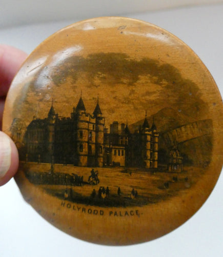 Antique SCOTTISH 19th Century MAUCHLINE Ware Trinket Box (c 1880), with an image of Holyrood Palace