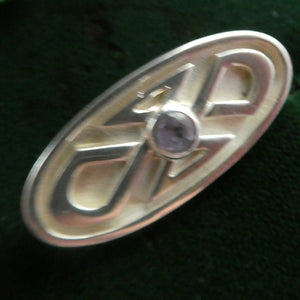 Cute Little Modern Celtic Inspired Sterling Silver Cap or Lapel Brooch with Central Lilac Stone BOXED