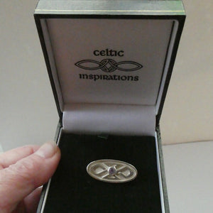 Cute Little Modern Celtic Inspired Sterling Silver Cap or Lapel Brooch with Central Lilac Stone BOXED