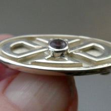 Load image into Gallery viewer, Cute Little Modern Celtic Inspired Sterling Silver Cap or Lapel Brooch with Central Lilac Stone BOXED
