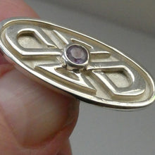 Load image into Gallery viewer, Cute Little Modern Celtic Inspired Sterling Silver Cap or Lapel Brooch with Central Lilac Stone BOXED
