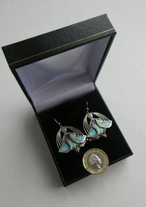 PAT CHENEY. Scottish Vintage 1980s Art Nouveau Style Silver Earrings with Turquoise Enamel