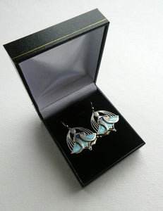 PAT CHENEY. Scottish Vintage 1980s Art Nouveau Style Silver Earrings with Turquoise Enamel