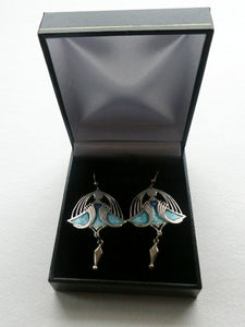 PAT CHENEY. Scottish Vintage 1980s Art Nouveau Style Silver Earrings with Turquoise Enamel