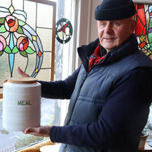 Load image into Gallery viewer, LARGE Early 20th Century Antique Grimwades White Hooped Household Jar or Canister. MEAL (in green letters)
