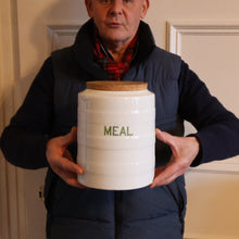 Load image into Gallery viewer, LARGE Early 20th Century Antique Grimwades White Hooped Household Jar or Canister. MEAL (in green letters)
