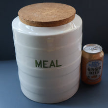 Load image into Gallery viewer, LARGE Early 20th Century Antique Grimwades White Hooped Household Jar or Canister. MEAL (in green letters)
