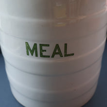 Load image into Gallery viewer, LARGE Early 20th Century Antique Grimwades White Hooped Household Jar or Canister. MEAL (in green letters)
