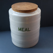 Load image into Gallery viewer, LARGE Early 20th Century Antique Grimwades White Hooped Household Jar or Canister. MEAL (in green letters)
