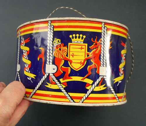 Vintage 1950s Child's Tin Drum with Royal Crest Design by Chad Valley