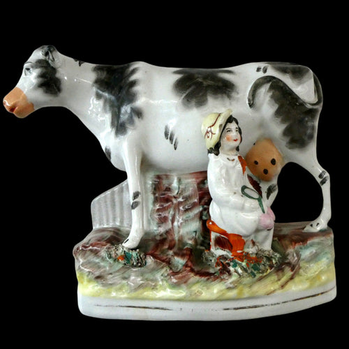 Genuine ANTIQUE STAFFORDSHIRE Figurine. Woman / Milkmaid with Large Cow; 1880s
