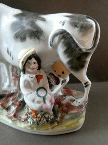 Genuine ANTIQUE STAFFORDSHIRE Figurine. Woman / Milkmaid with Large Cow; 1880s