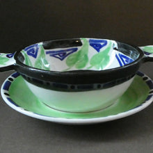 Load image into Gallery viewer, Rarer Bough Pottery ART DECO Ceramic Quaichs and Matching Underplates. Painted by Elizabeth Amour 1920s
