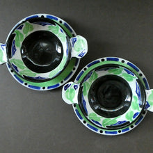 Load image into Gallery viewer, Rarer Bough Pottery ART DECO Ceramic Quaichs and Matching Underplates. Painted by Elizabeth Amour 1920s
