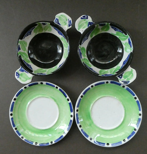 Rarer Bough Pottery ART DECO Ceramic Quaichs and Matching Underplates. Painted by Elizabeth Amour 1920s