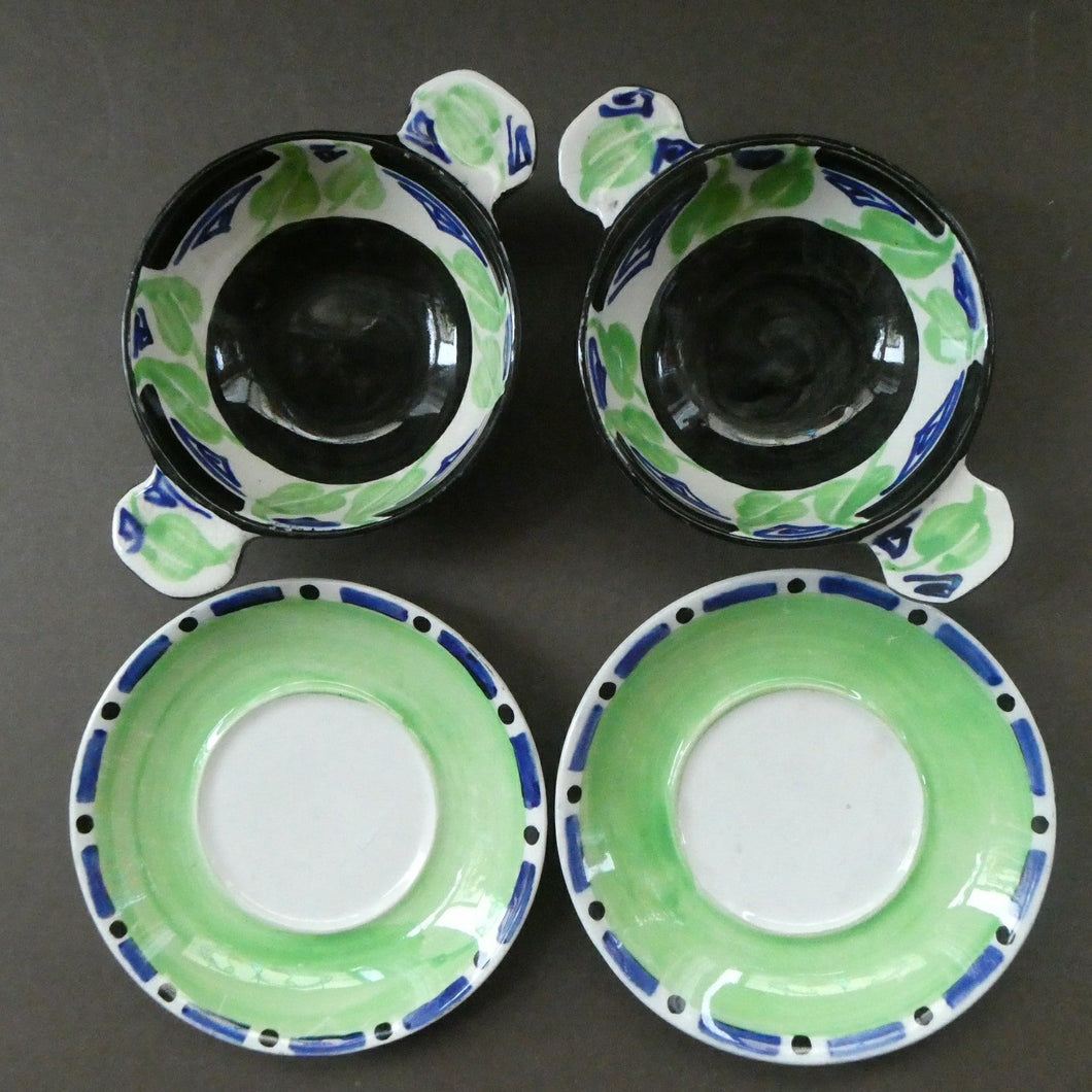 Rarer Bough Pottery ART DECO Ceramic Quaichs and Matching Underplates. Painted by Elizabeth Amour 1920s