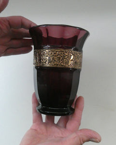 Vintage 1930s August Walther & Sohne Amethyst Faceted Glass Vase with Gilt Band. The Grape Washers