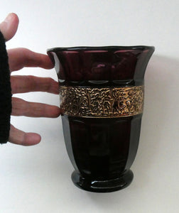 Vintage 1930s August Walther & Sohne Amethyst Faceted Glass Vase with Gilt Band. The Grape Washers