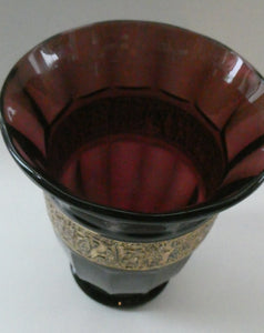 Vintage 1930s August Walther & Sohne Amethyst Faceted Glass Vase with Gilt Band. The Grape Washers