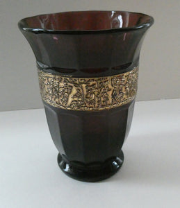 Vintage 1930s August Walther & Sohne Amethyst Faceted Glass Vase with Gilt Band. The Grape Washers