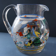 Load image into Gallery viewer, Large &amp; UNIQUE 1950s Portuguese Hand-Painted Large Glass Jug - with Comical Design Featuring People of Lisbon
