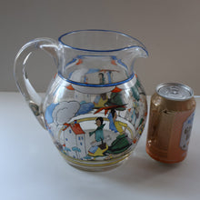 Load image into Gallery viewer, Large &amp; UNIQUE 1950s Portuguese Hand-Painted Large Glass Jug - with Comical Design Featuring People of Lisbon
