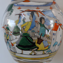 Load image into Gallery viewer, Large &amp; UNIQUE 1950s Portuguese Hand-Painted Large Glass Jug - with Comical Design Featuring People of Lisbon

