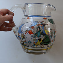 Load image into Gallery viewer, Large &amp; UNIQUE 1950s Portuguese Hand-Painted Large Glass Jug - with Comical Design Featuring People of Lisbon
