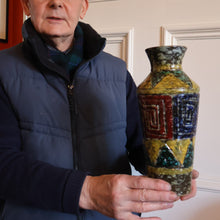 Load image into Gallery viewer, 1960s Italian Vase with Unusual Mottled Glazes and Geometric Sgraffito Patterns
