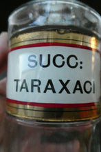 Load image into Gallery viewer, Small Antique Clear Glass Chemist Bottle. SUCC: TARAXACI with Original Foil Label and Lozenge Stopper
