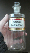 Load image into Gallery viewer, Small Antique Clear Glass Chemist Bottle. SUCC: TARAXACI with Original Foil Label and Lozenge Stopper
