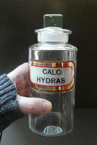 Antique Clear Glass Chemist Bottle. CALC: HYDRAS with Original Foil Label and Lozenge Stopper