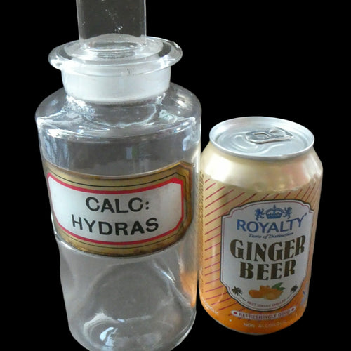 Antique Clear Glass Chemist Bottle. CALC: HYDRAS with Original Foil Label and Lozenge Stopper