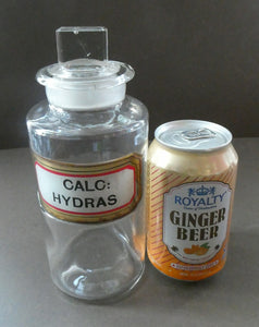 Antique Clear Glass Chemist Bottle. CALC: HYDRAS with Original Foil Label and Lozenge Stopper