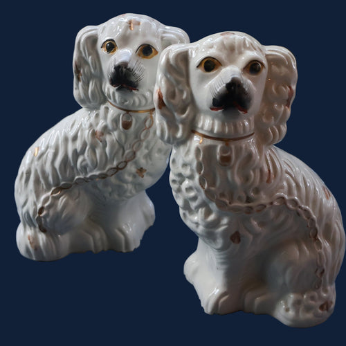 ANTIQUE Late 19th Century SMALLER SIZE White Staffordshire Dogs / Wally Dugs