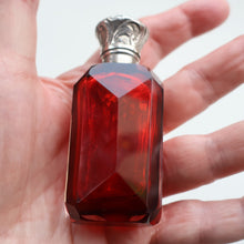 Load image into Gallery viewer, 1902. Antique EDWARDIAN Facet Cut Ruby Glass and Hallmarked Silver Topped Perfume Bottle
