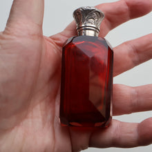 Load image into Gallery viewer, 1902. Antique EDWARDIAN Facet Cut Ruby Glass and Hallmarked Silver Topped Perfume Bottle
