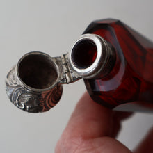 Load image into Gallery viewer, 1902. Antique EDWARDIAN Facet Cut Ruby Glass and Hallmarked Silver Topped Perfume Bottle
