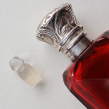 Load image into Gallery viewer, 1902. Antique EDWARDIAN Facet Cut Ruby Glass and Hallmarked Silver Topped Perfume Bottle
