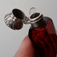 Load image into Gallery viewer, 1902. Antique EDWARDIAN Facet Cut Ruby Glass and Hallmarked Silver Topped Perfume Bottle
