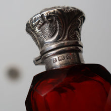Load image into Gallery viewer, 1902. Antique EDWARDIAN Facet Cut Ruby Glass and Hallmarked Silver Topped Perfume Bottle

