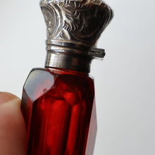 Load image into Gallery viewer, 1902. Antique EDWARDIAN Facet Cut Ruby Glass and Hallmarked Silver Topped Perfume Bottle
