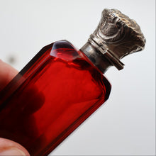 Load image into Gallery viewer, 1902. Antique EDWARDIAN Facet Cut Ruby Glass and Hallmarked Silver Topped Perfume Bottle
