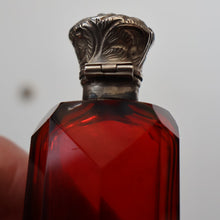 Load image into Gallery viewer, 1902. Antique EDWARDIAN Facet Cut Ruby Glass and Hallmarked Silver Topped Perfume Bottle
