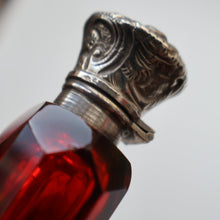 Load image into Gallery viewer, 1902. Antique EDWARDIAN Facet Cut Ruby Glass and Hallmarked Silver Topped Perfume Bottle
