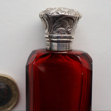 Load image into Gallery viewer, 1902. Antique EDWARDIAN Facet Cut Ruby Glass and Hallmarked Silver Topped Perfume Bottle
